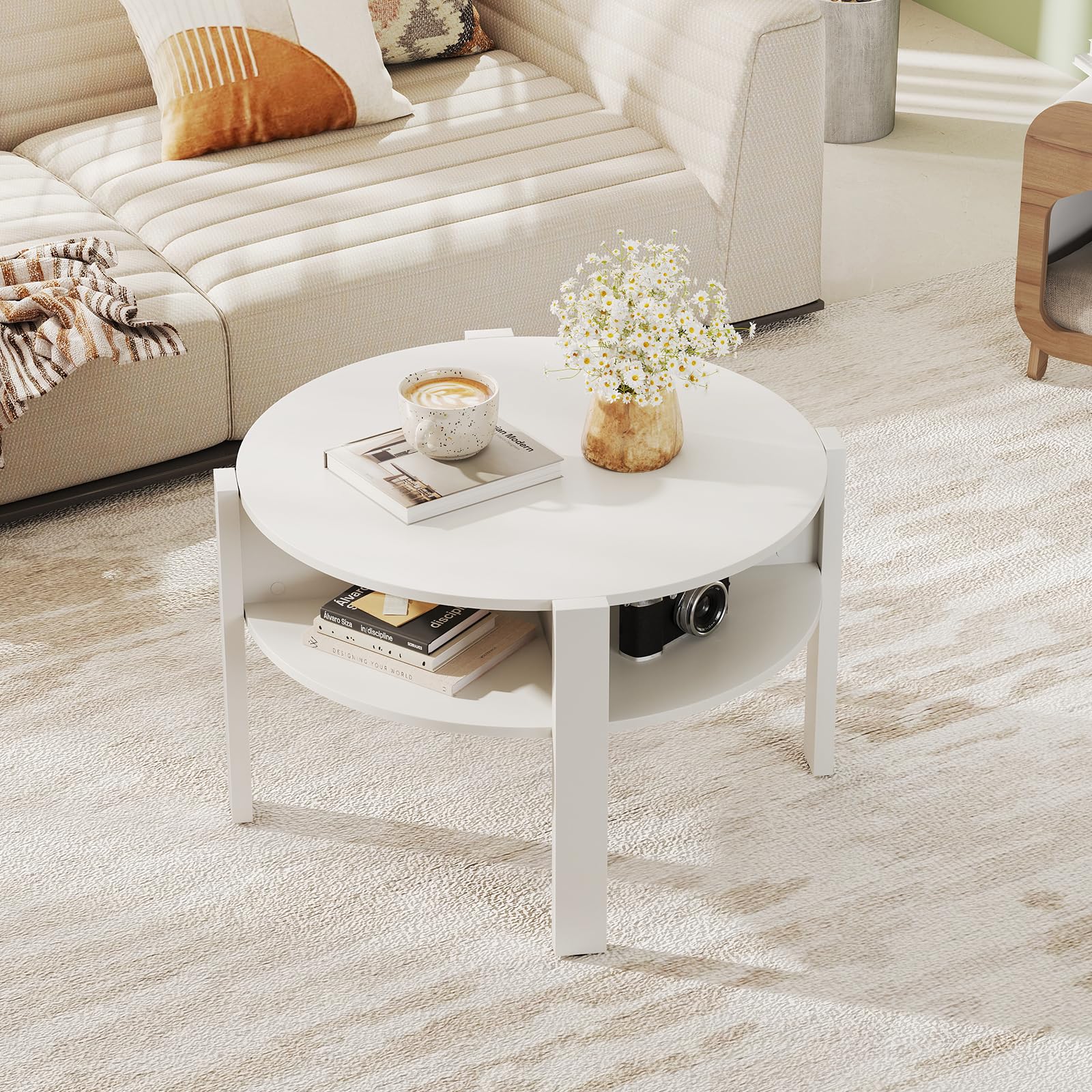 Tangkula 29.5”Round Coffee Table 2-Tier Circle Cocktail Center Table with Storage Shelves